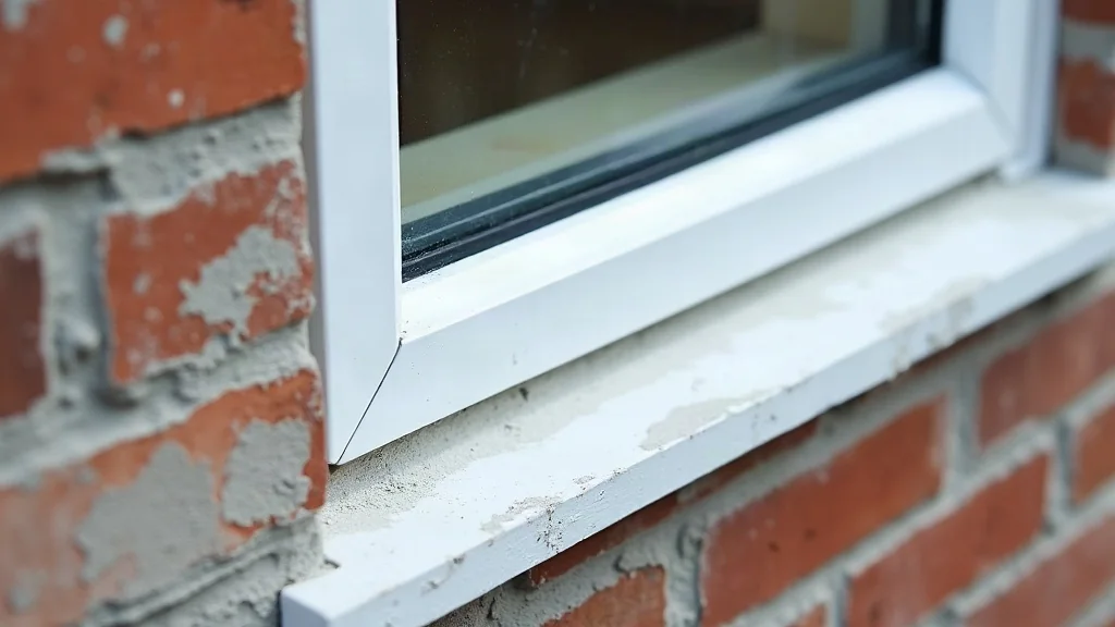 An aluminium window frame meeting face brickwork on a building site